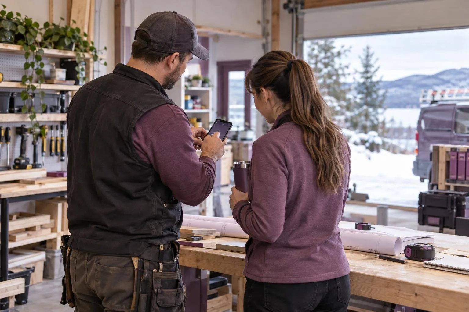 Entrepreneur et employée vérifient une carte commune sur un téléphone