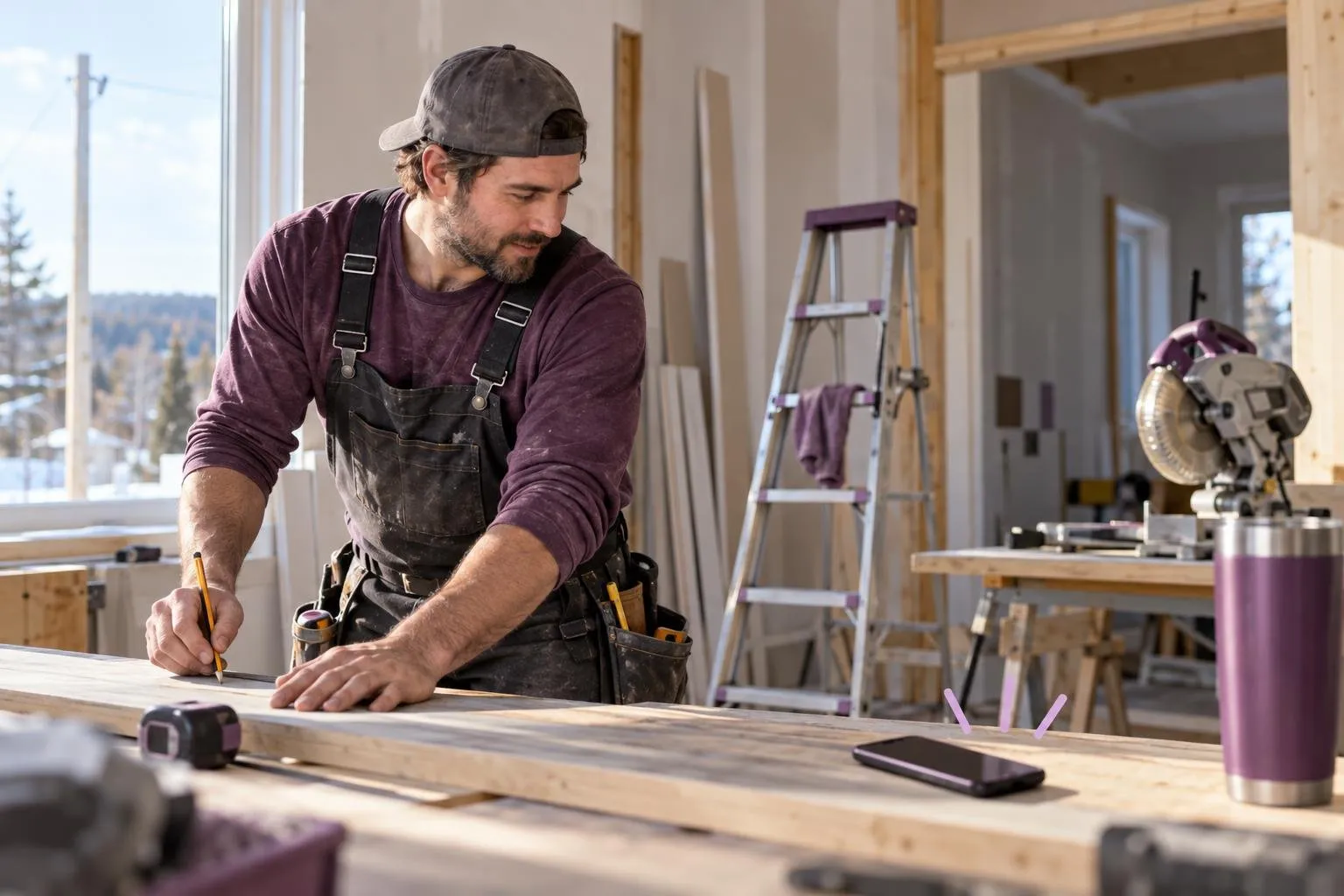 Entrepreneur en rénovation répondant à un appel pendant un chantier