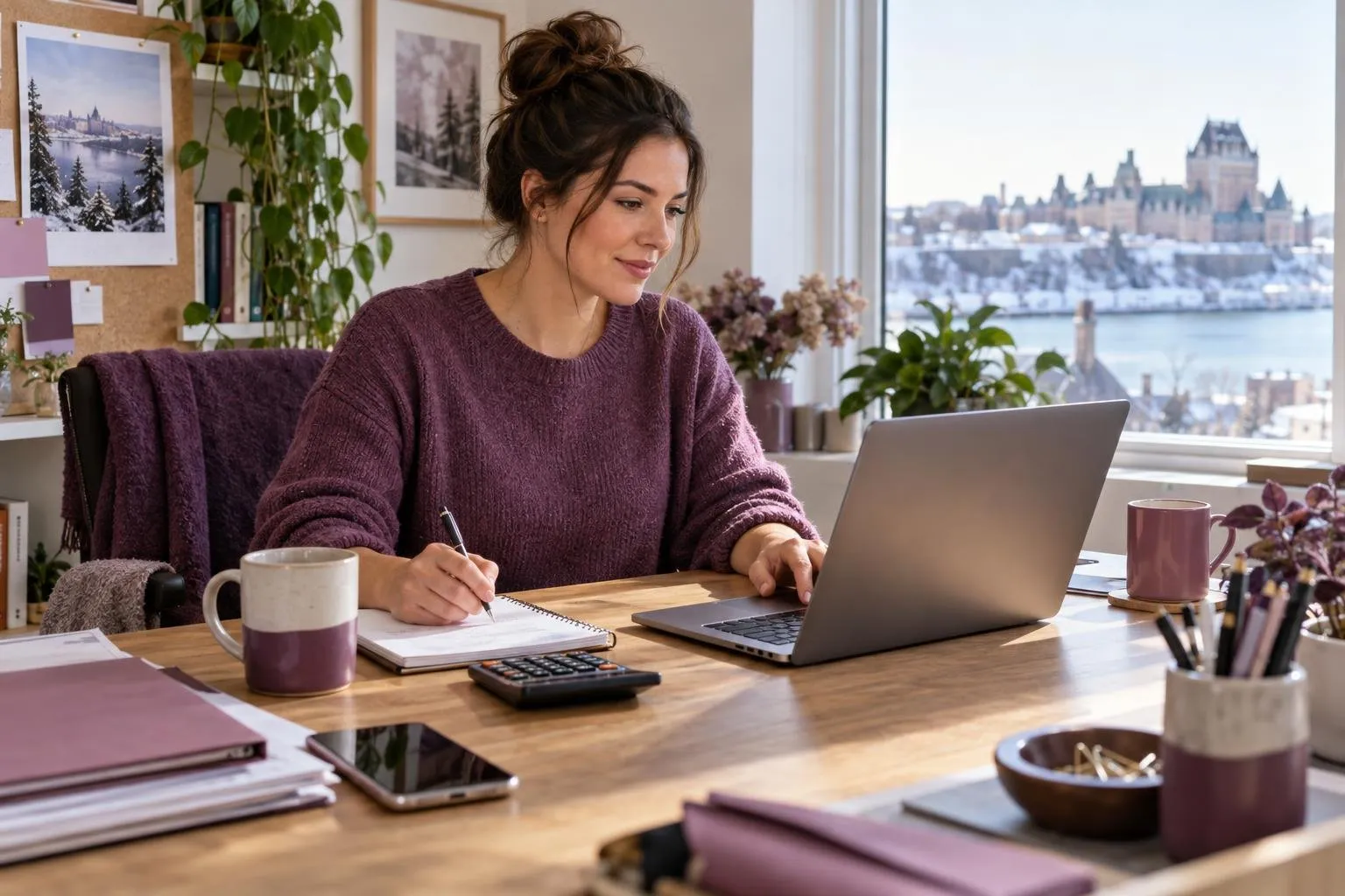 Travailleuse autonome préparant une facture au bureau