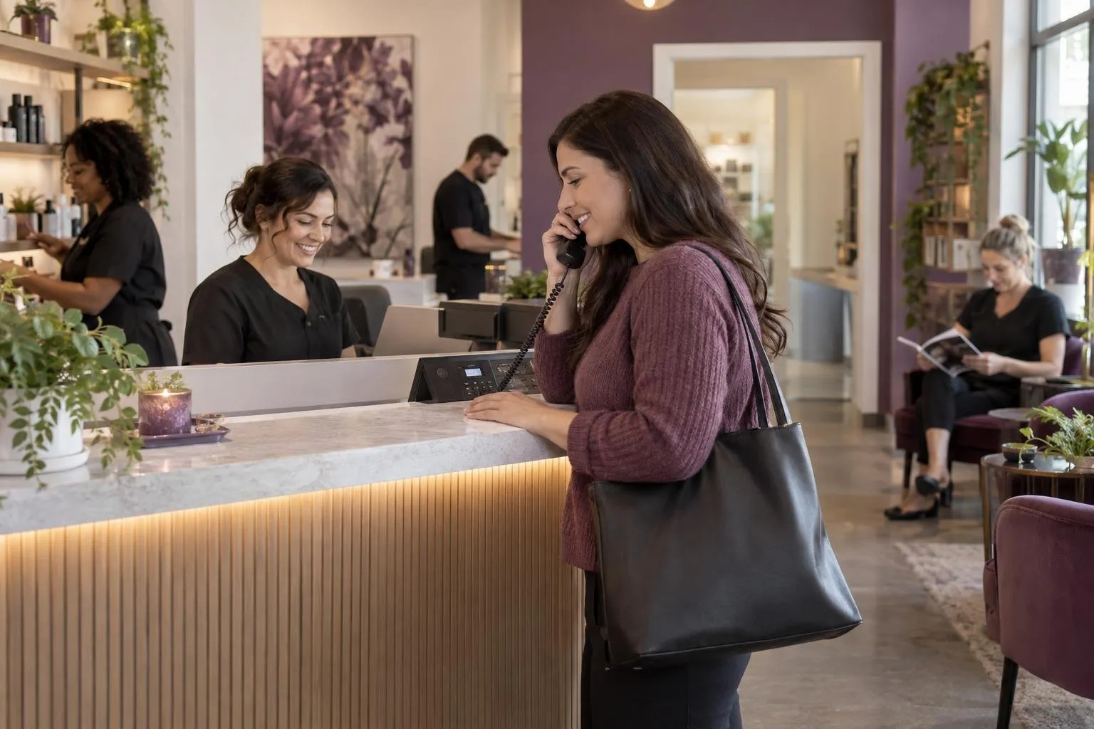 Petite entreprise en activité avec téléphone au comptoir