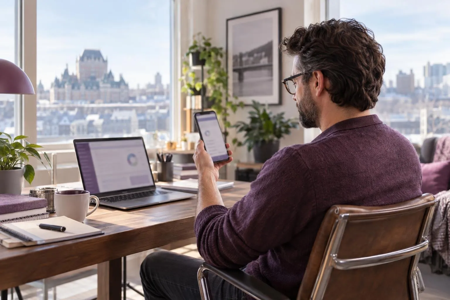 Travailleur autonome consultan un portail client sur téléphone