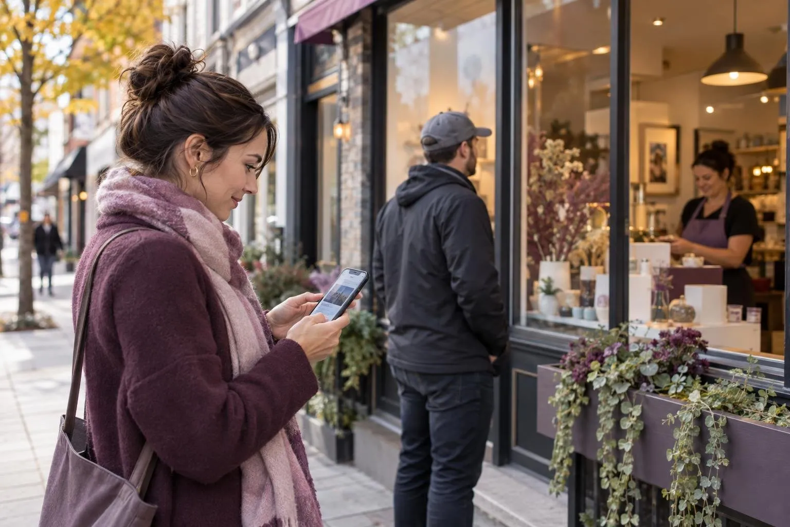 Travailleuse autonome vérifiant sa fiche Google sur son téléphone