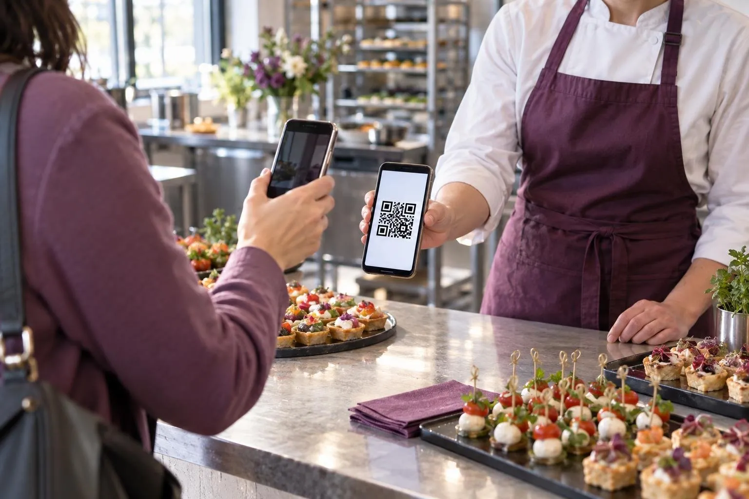Traiteur présentant le code QR de sa carte sur son téléphone au comptoir