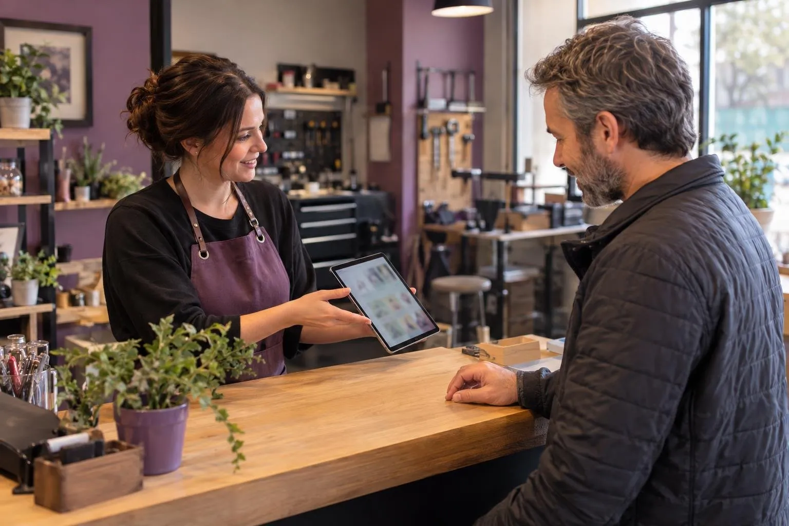 Client et entrepreneure regardant des avis sur une tablette