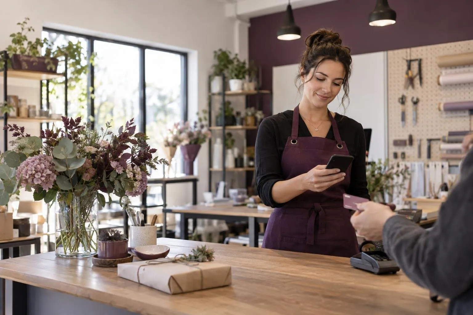 Travailleur autonome vérifiant un paiement sur téléphone dans un atelier.