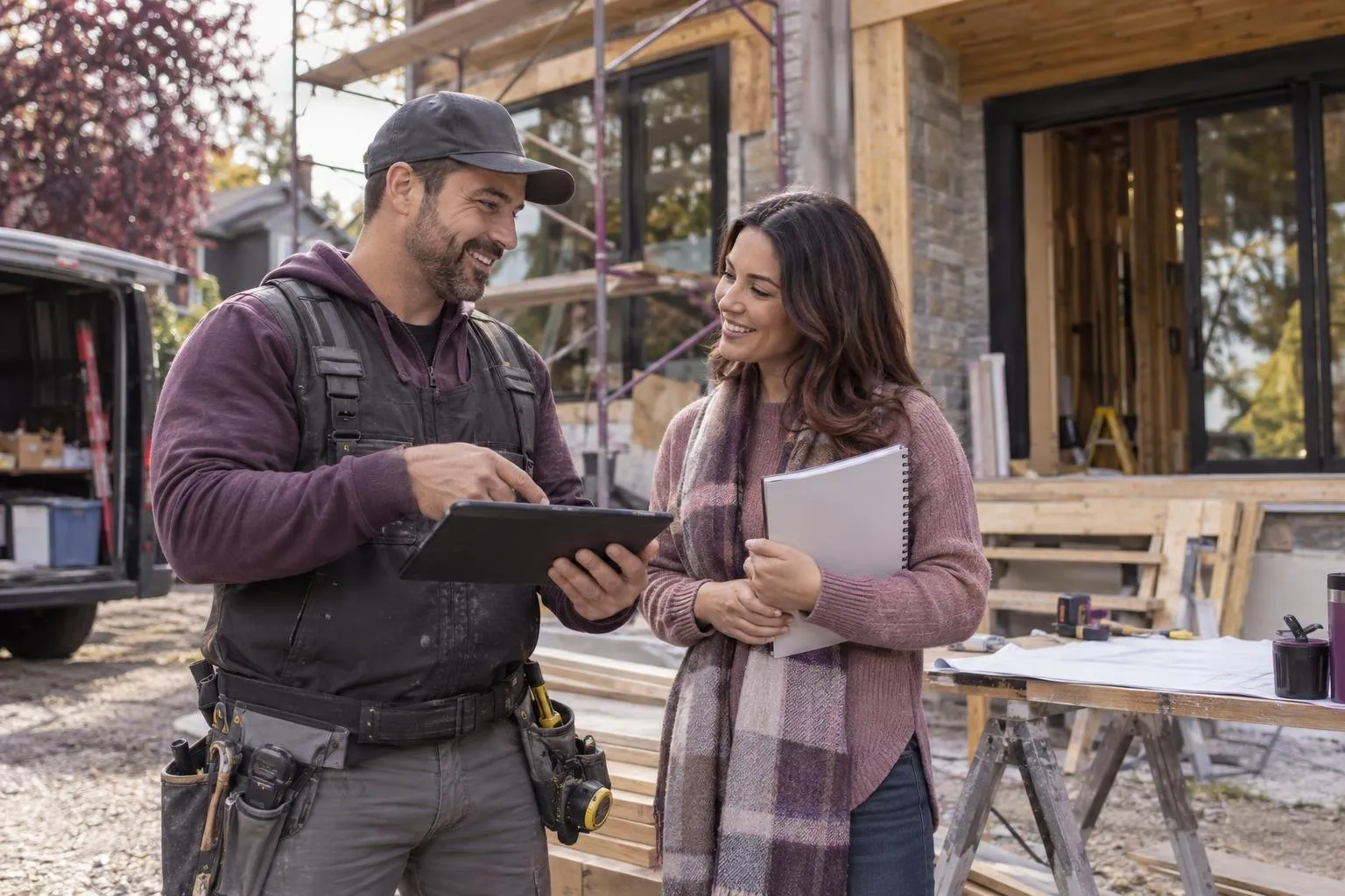Entrepreneur en rénovation discutant d’un devis et d’un acompte
