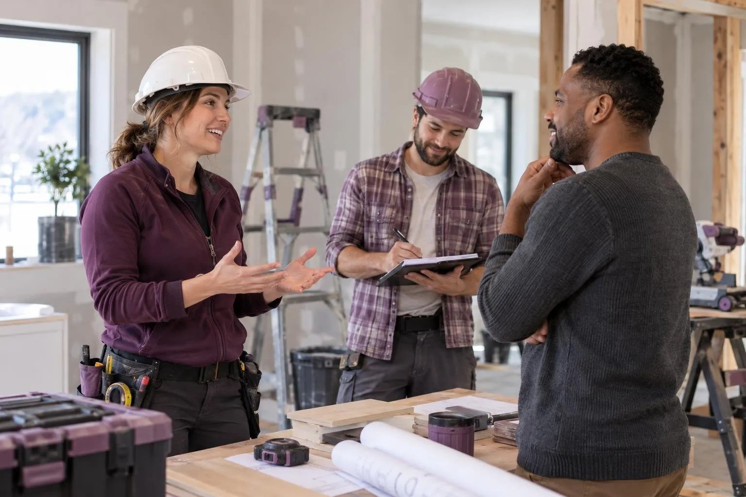 Entrepreneure en rénovation et client discutant d’un mandat.