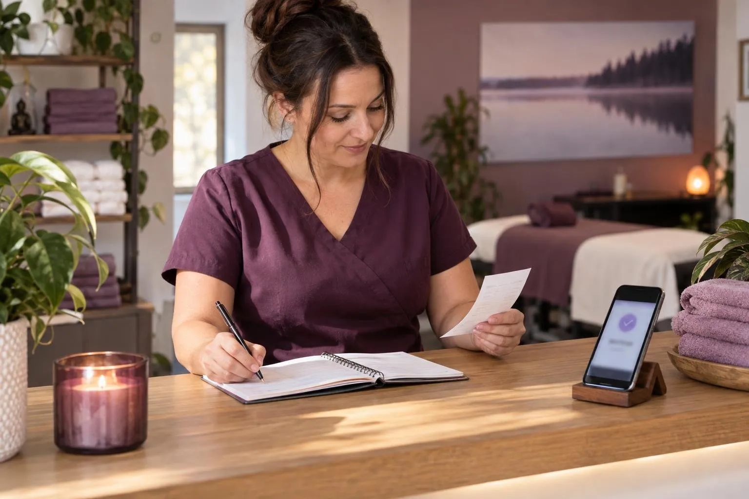 Massothérapeute avec reçu et téléphone pour suivre un paiement.