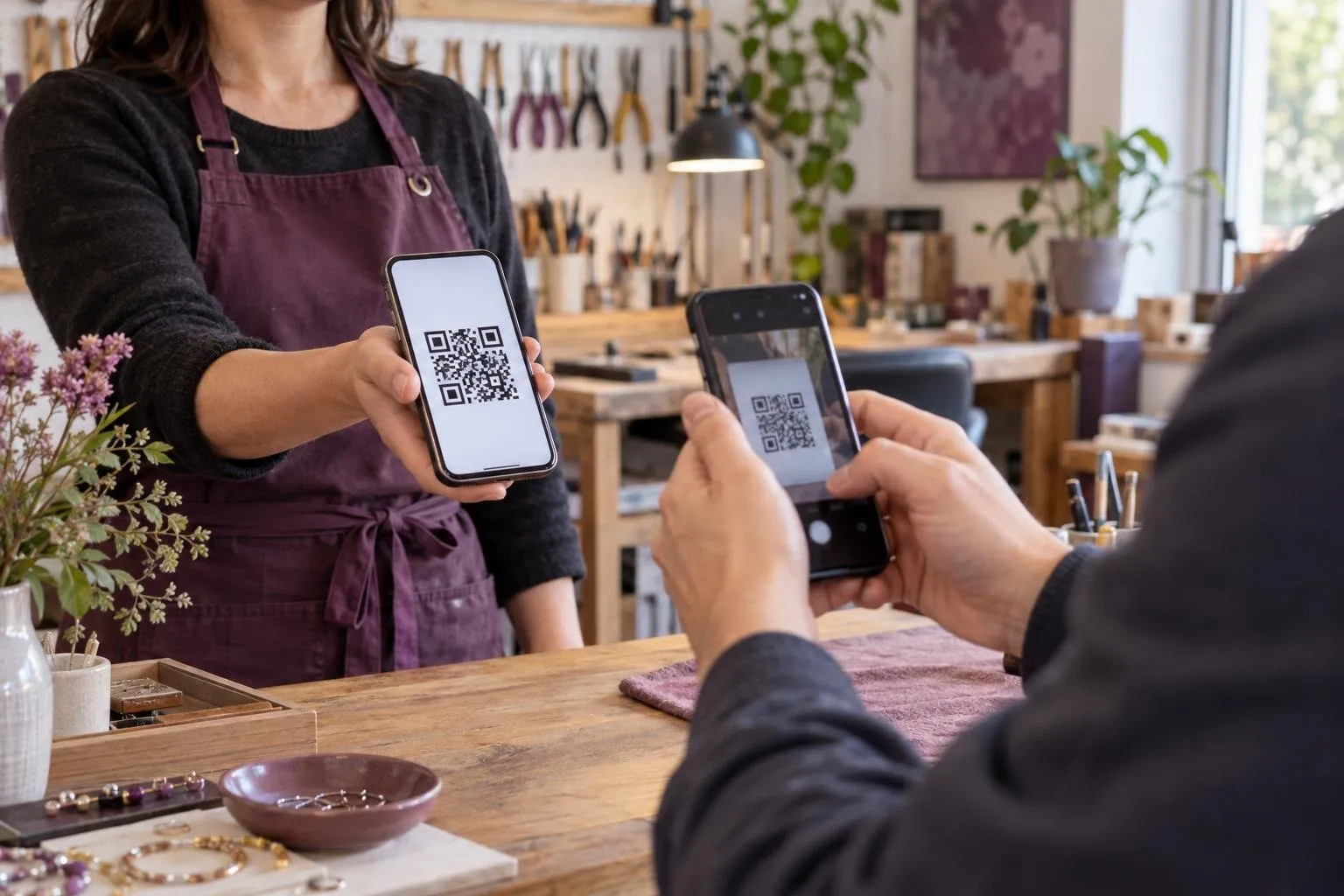 Travailleuse autonome montrant le code QR de sa carte sur son téléphone à un client