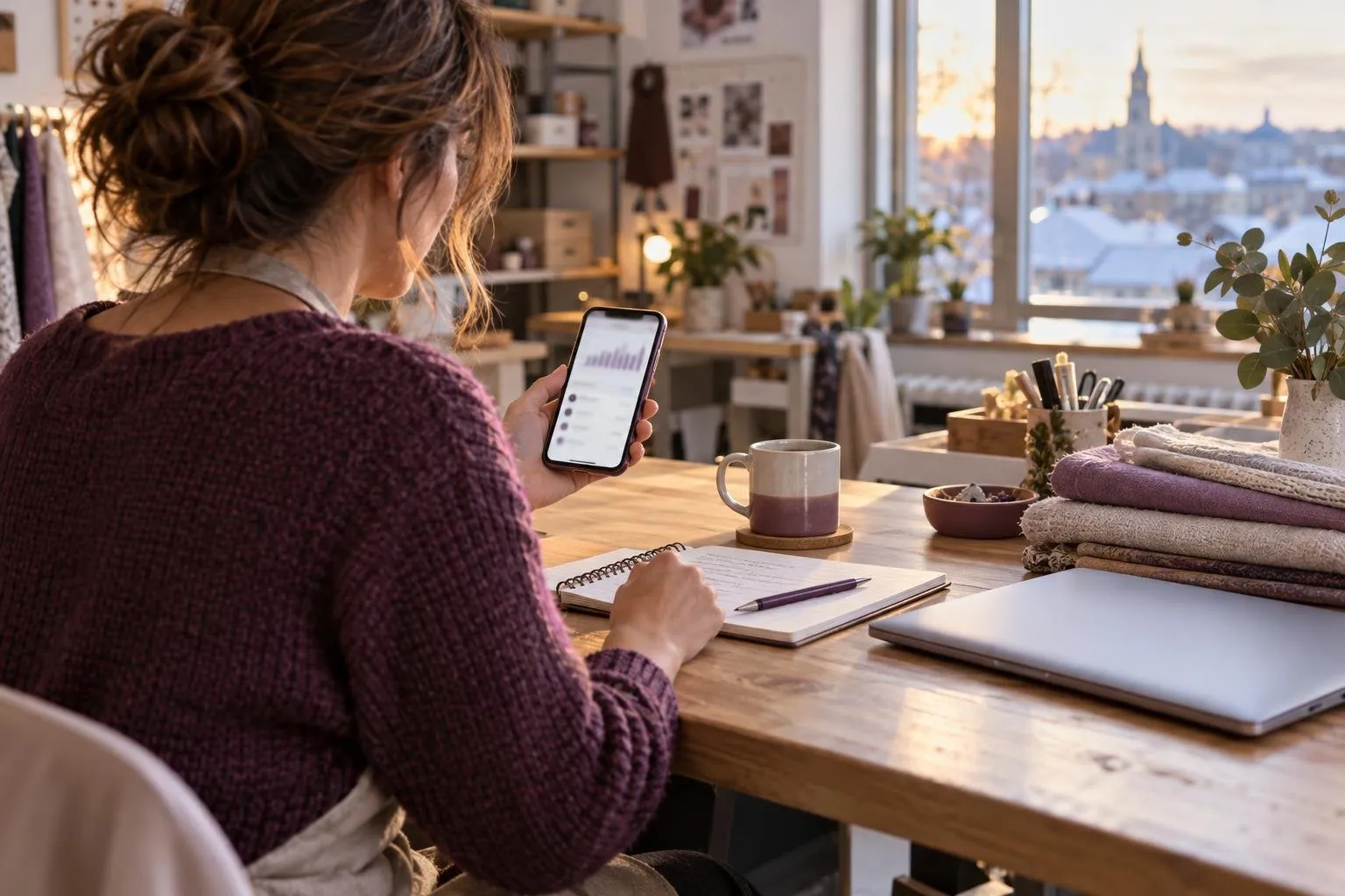 Travailleuse autonome consultant sa trésorerie sur un téléphone