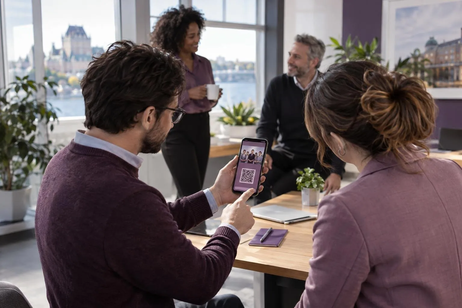 Petite équipe consultent une carte numérique d’équipe sur un téléphone