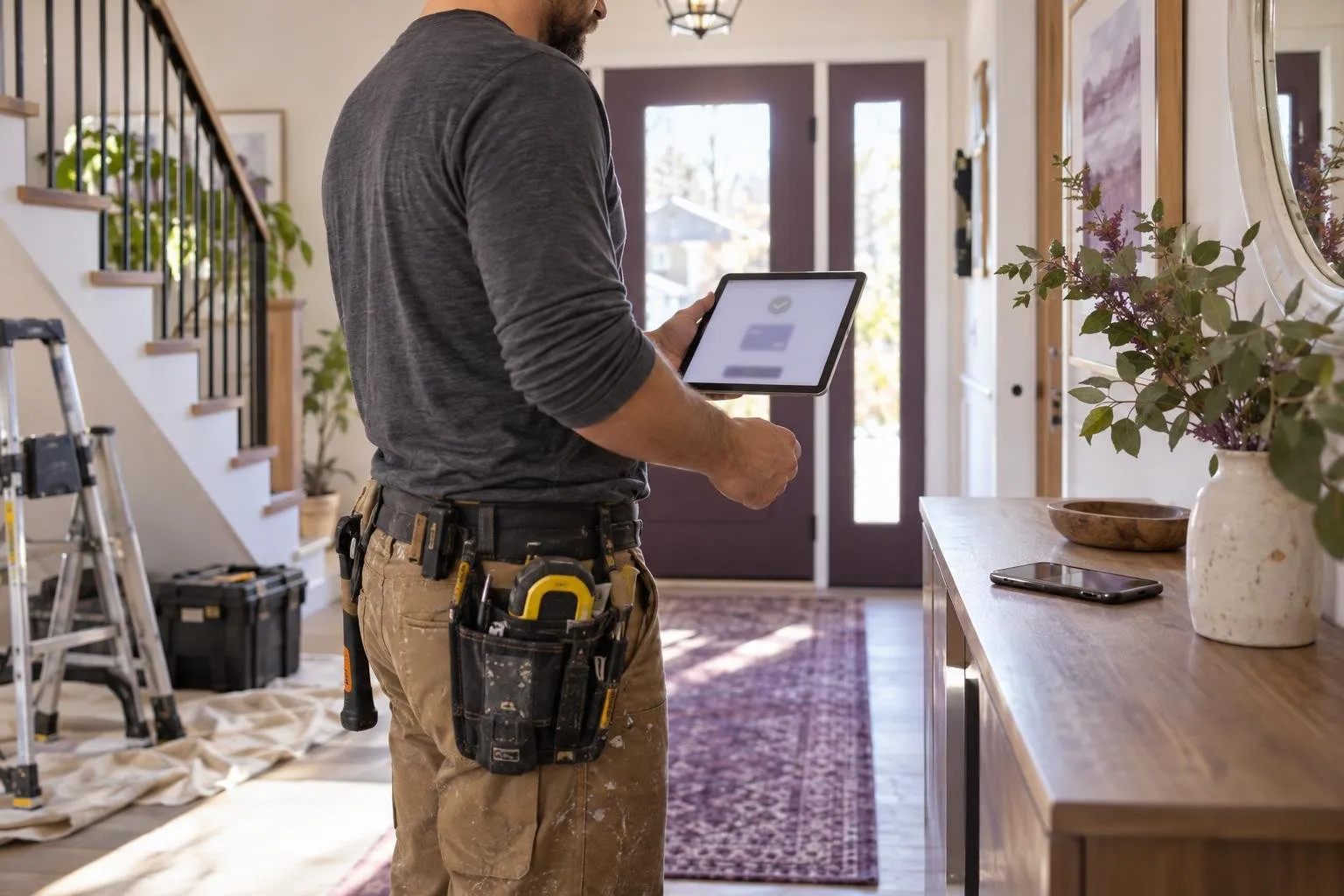 Entrepreneur en rénovation avec tablette et téléphone près d’une entrée de maison.