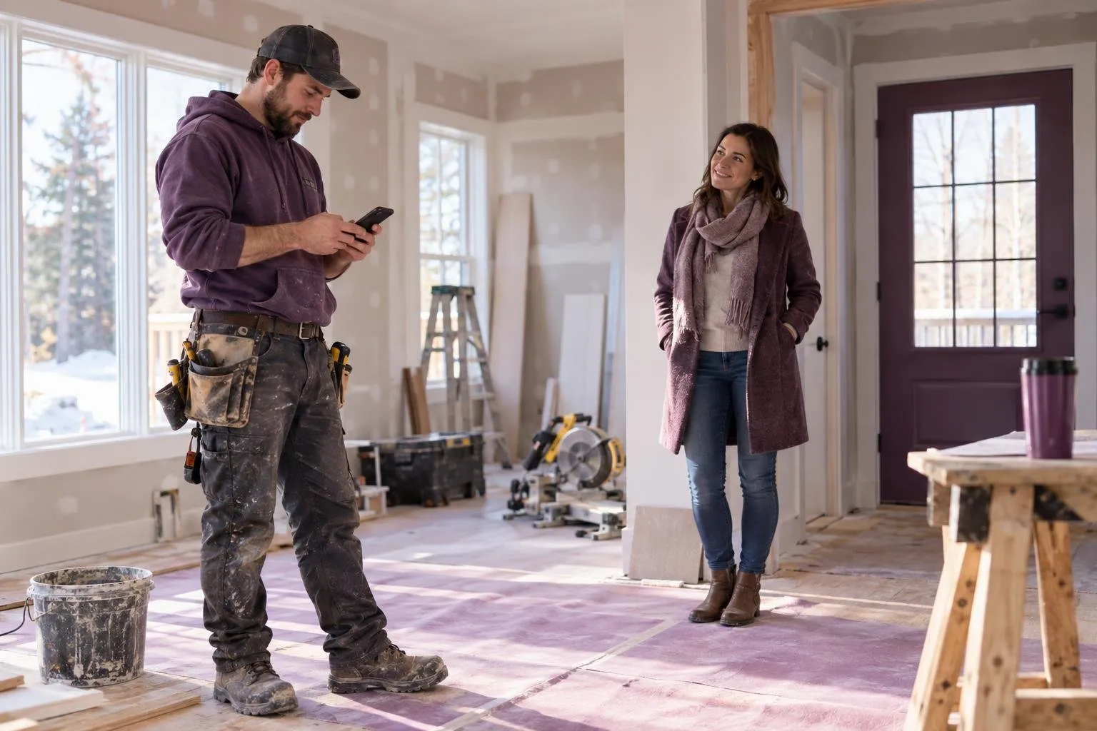 Entrepreneur en rénovation vérifiant une information avant un rendez-vous