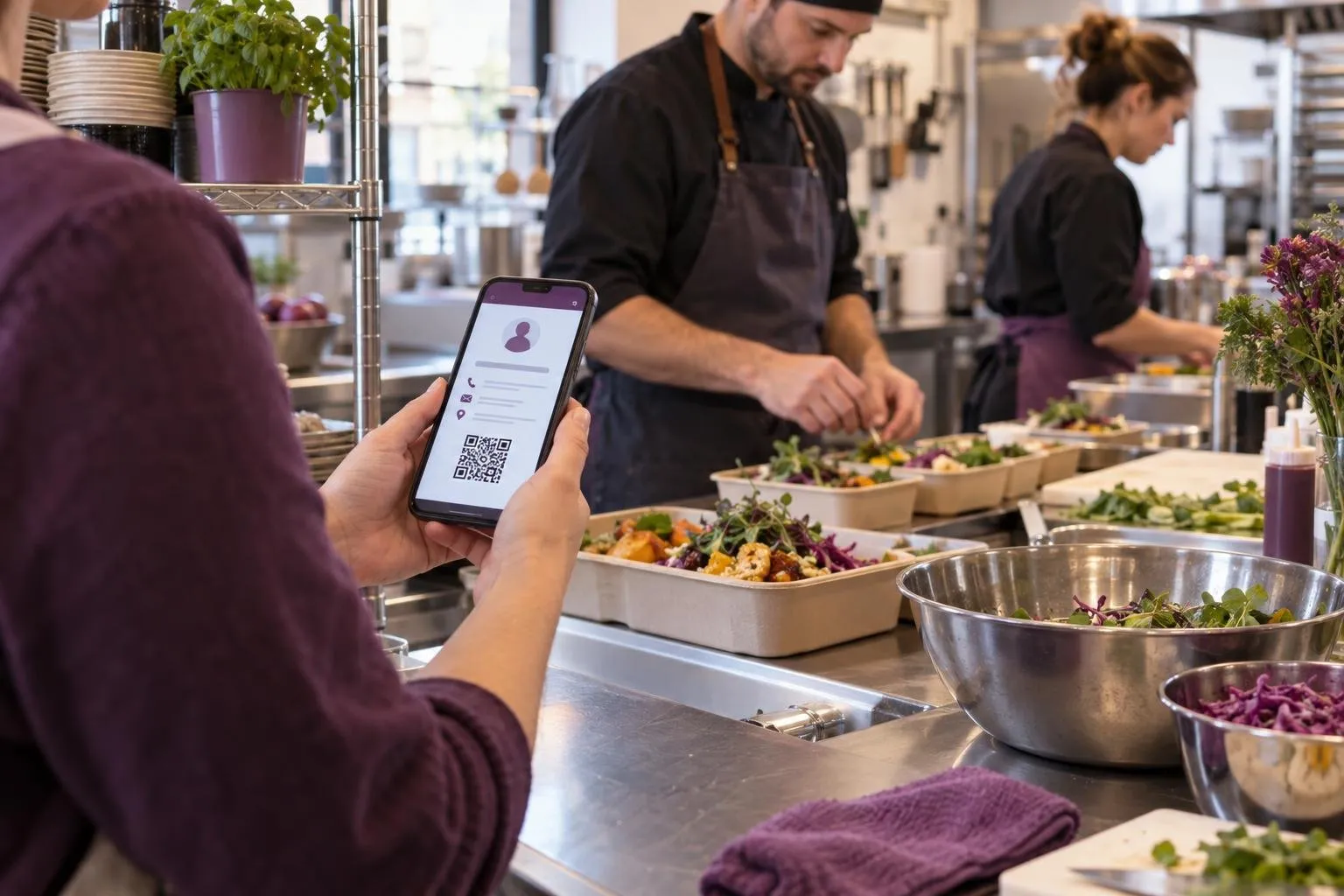 Traiteur consultant une fiche numérique sur téléphone en cuisine