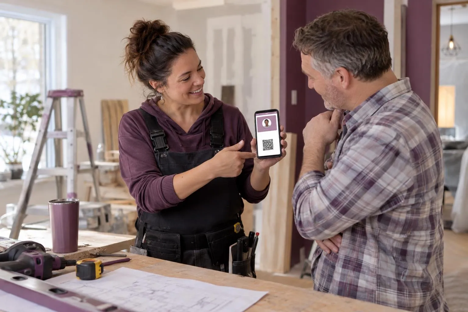 Entrepreneure en rénovation montrant une fiche numérique sur téléphone