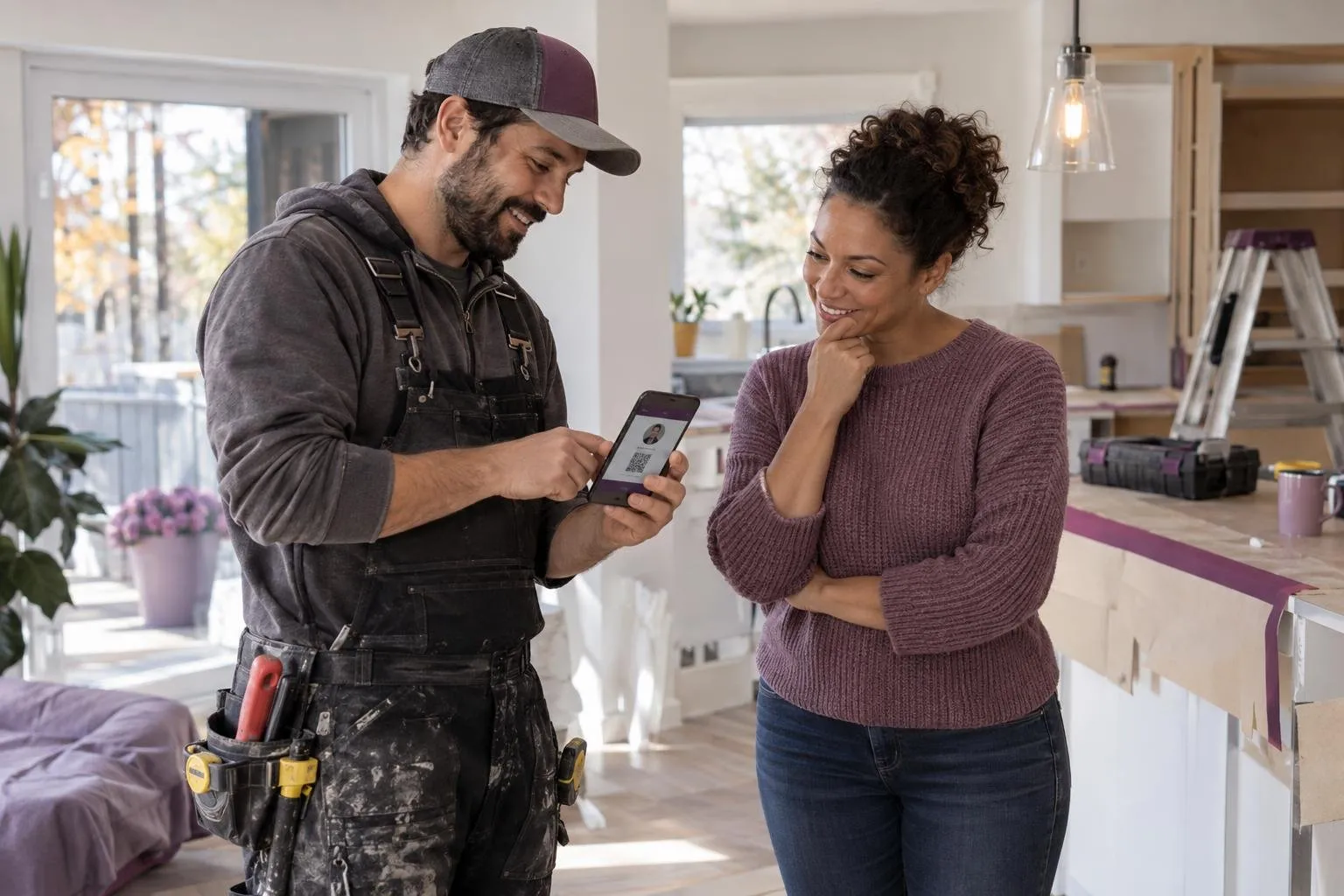 Carte professionnelle numérique vue sur un téléphone près d’un chantier