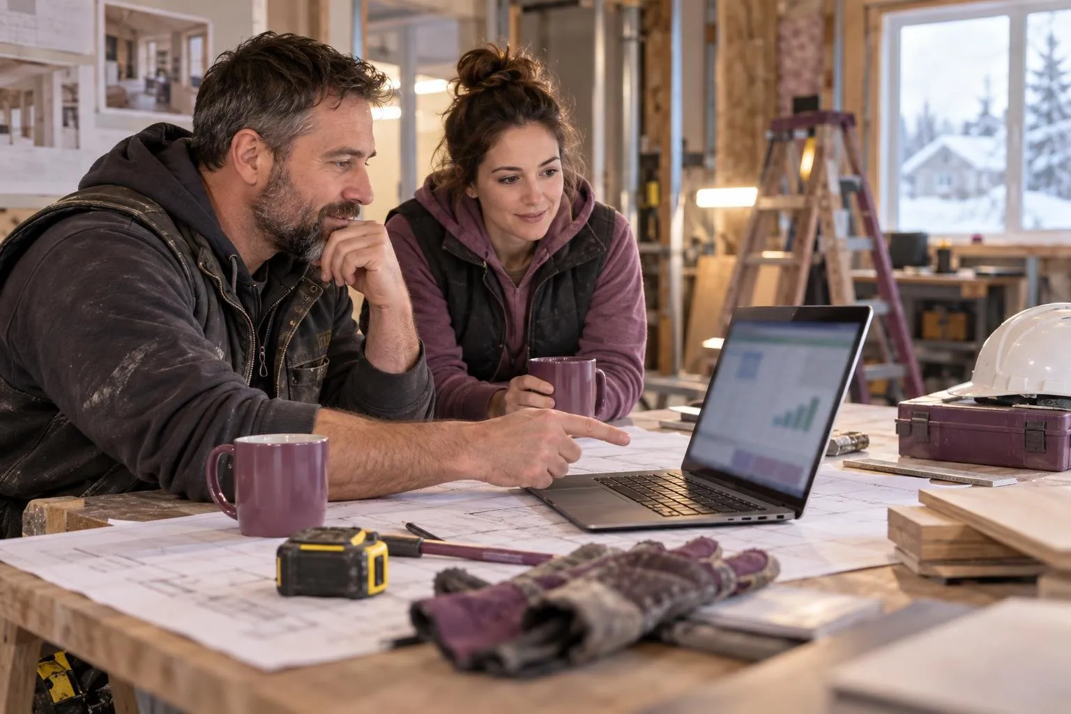 Entrepreneur en rénovation et collègue devant une vue de trésorerie