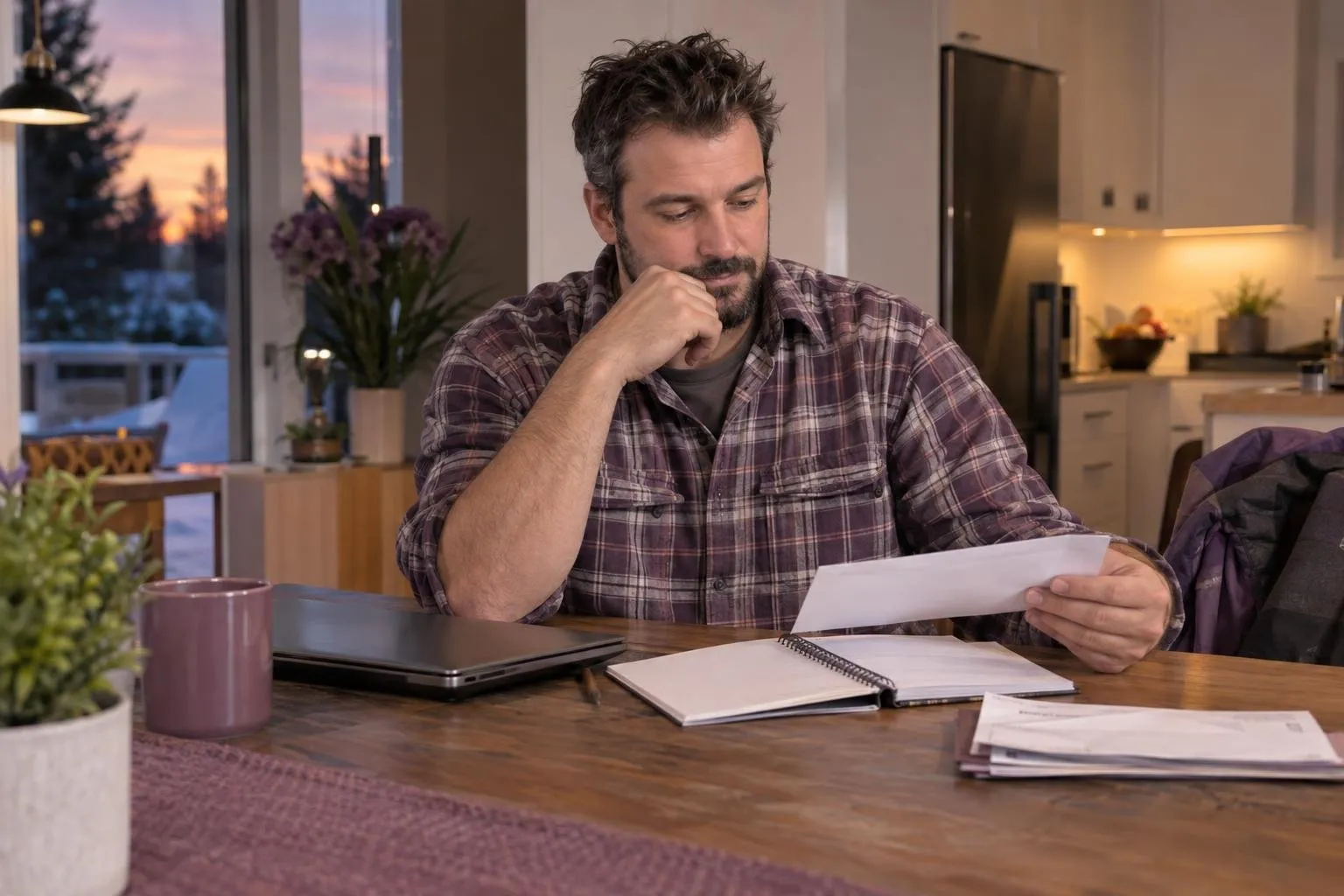 Entrepreneur en rénovation avec carnet et enveloppe de facture