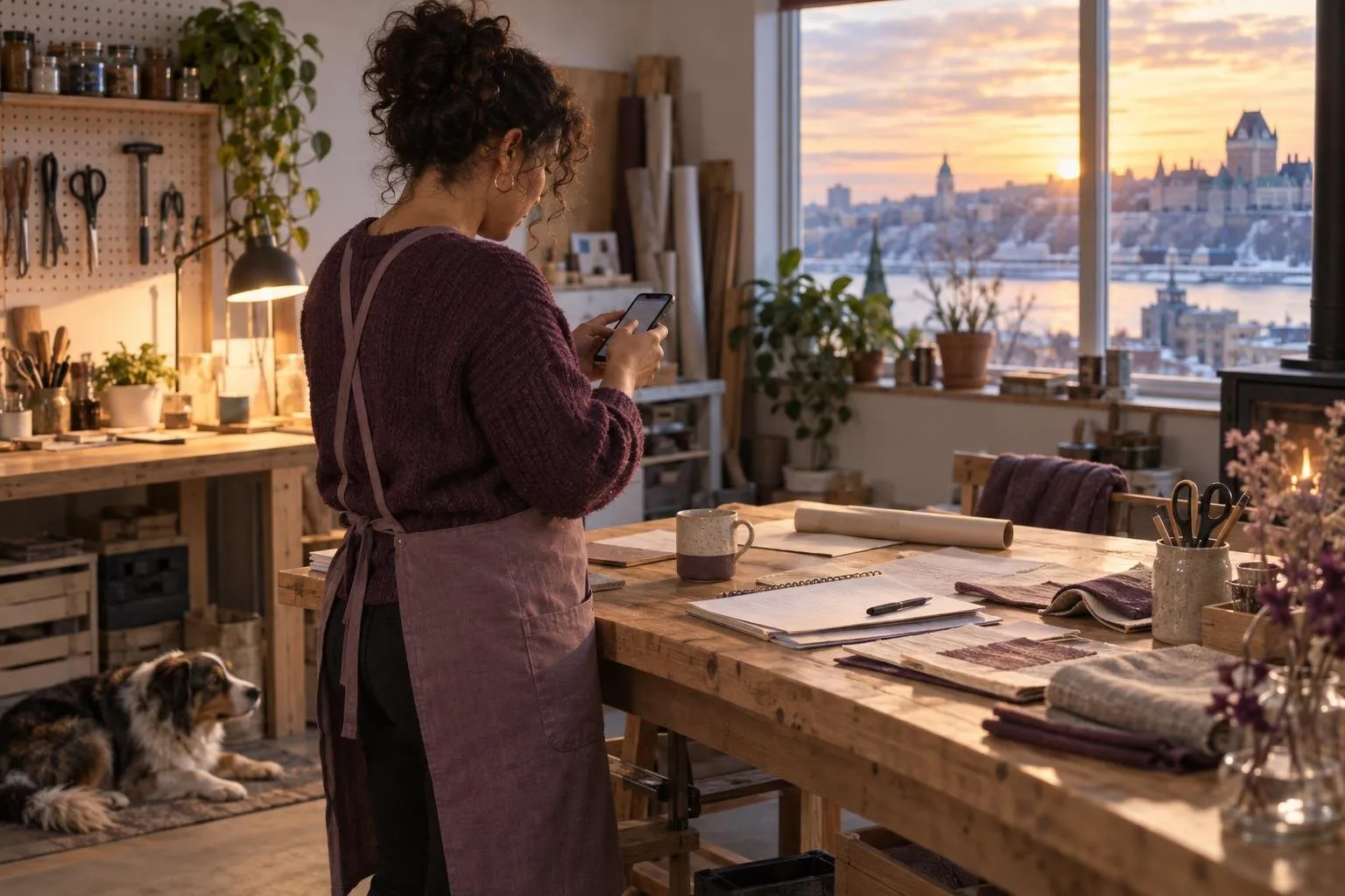 Travailleuse autonome consulté des demandes sur son téléphone dans un atelier.