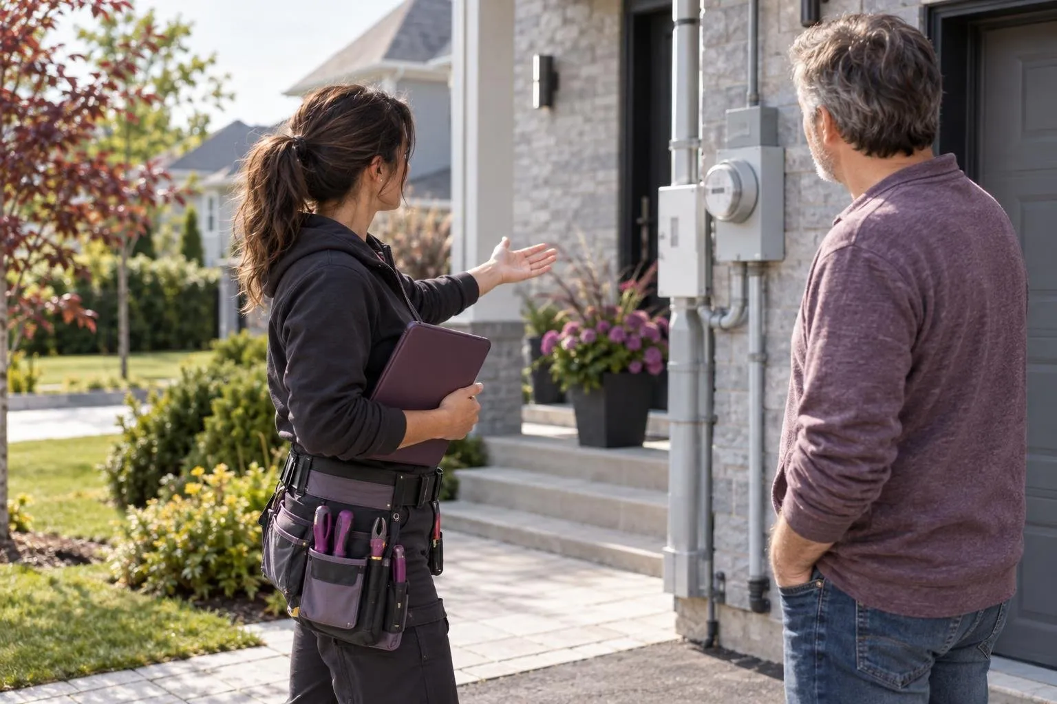 Électricienne expliquant un devis à un client devant une maison