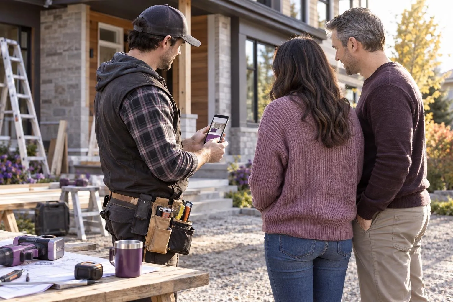 Entrepreneur en rénovation montrant sa carte numérique sur chantier