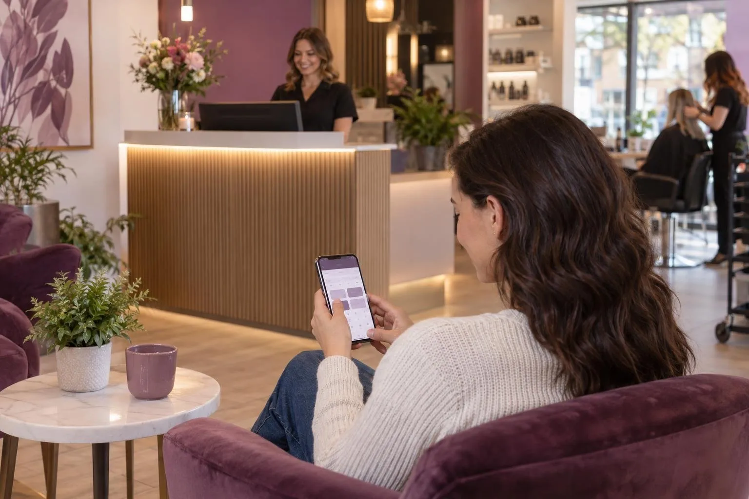 Cliente qui réserve un rendez-vous en ligne sur son téléphone
