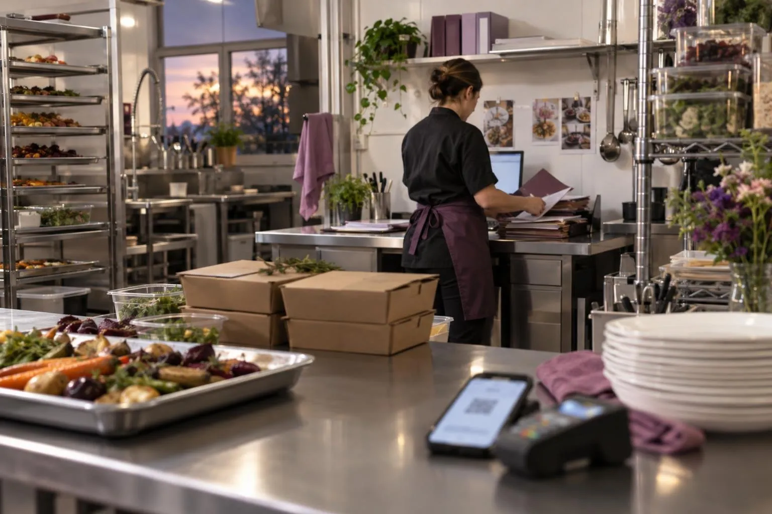 Traiteur organisant ses paiements et ses dossiers en cuisine.
