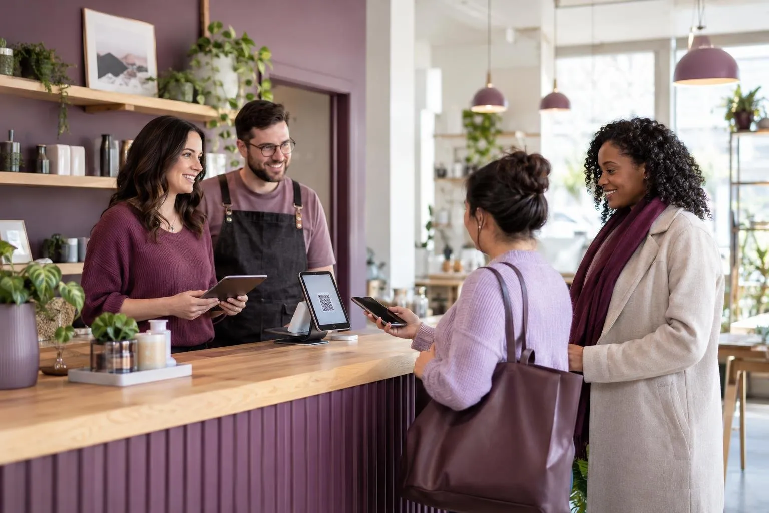 Équipe autour d’un comptoir avec code QR affiché sur écran